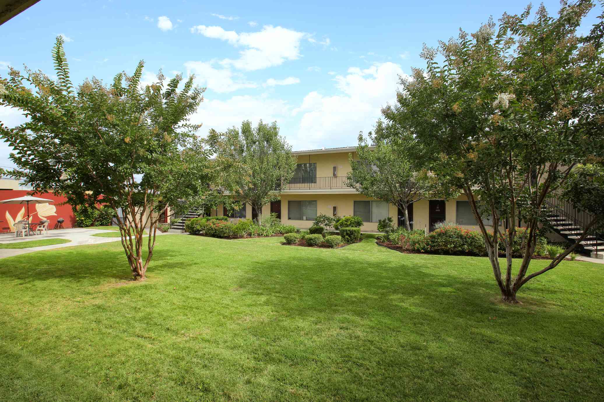 lush green courtyard and landscaped grounds